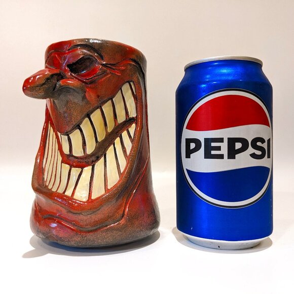 Vintage 1970s Deep Pink Art Pottery Mug/Pitcher – Laughing Face Whimsical 6" - Picture 1 of 8